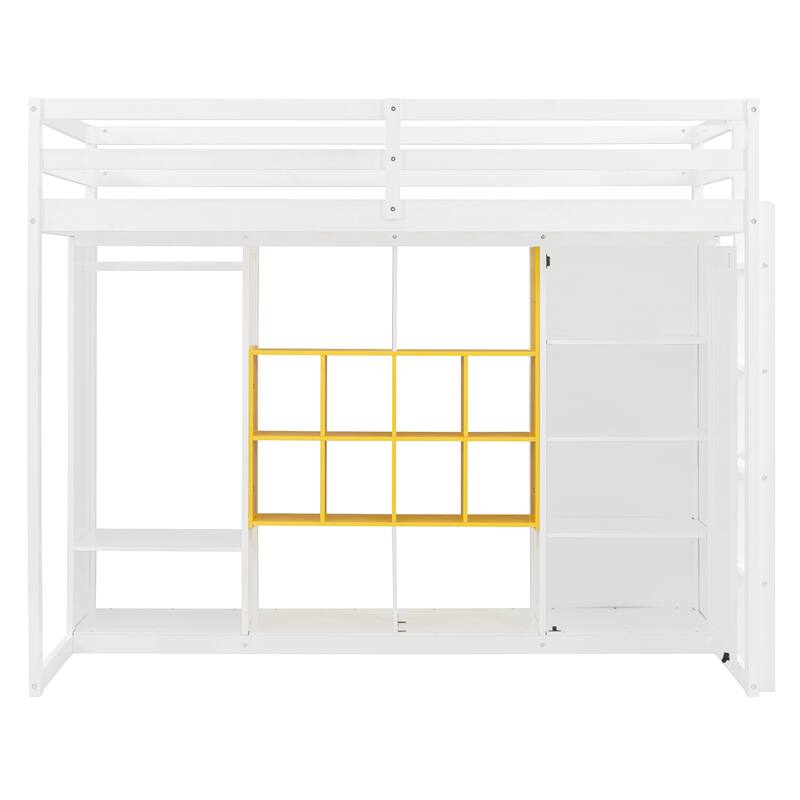 Twin/Full Size Versatile Loft Bed with Wardrobe, Storage Bed Frame with Multi-Shelves and Clothes Hanging Rod