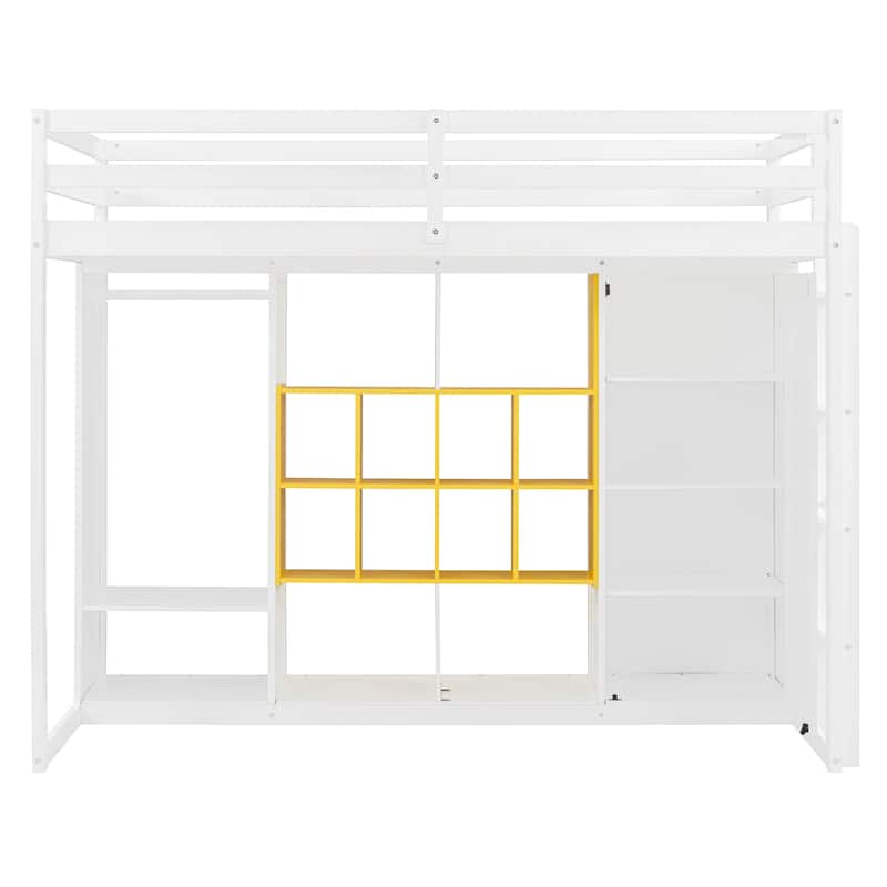 White and Yellow Twin Size Wood Loft Bed with Wardrobe, Shelves, and Cabinet