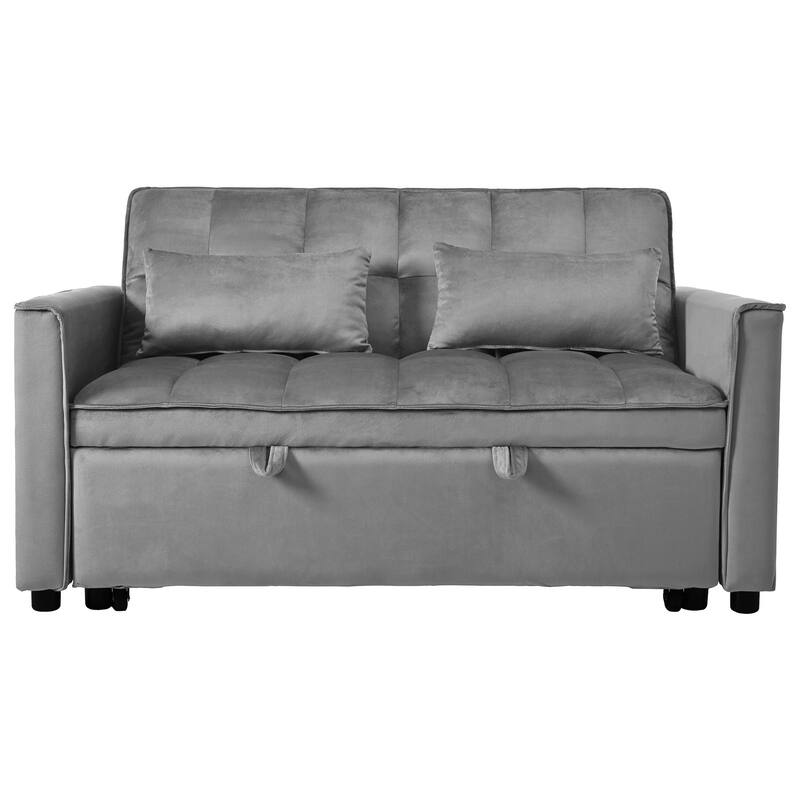 3 in 1 Convertible Sleeper Sofa Bed, Small Loveseat Lounge Sofa, Velvet Fabric Sofa with Side Pocket, Reclining Back & Pillows