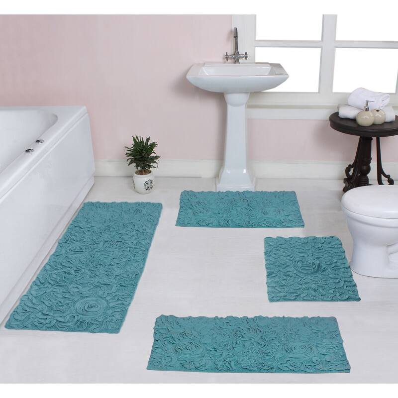 Home Weavers Modesto Collection 100% Cotton Bath Rug, Non-Slip Bath Rug, Extra Soft, Machine Wash, 4 Pcs Set with Runner - Blue - 17"x24", 21"x34", 24"x40", 21"x54"