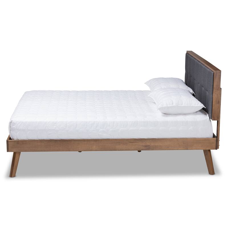 Queen Size Platform Bed - Upholstered Fabric Bed with Headboard & Slats - Dark Grey & Walnut Finish