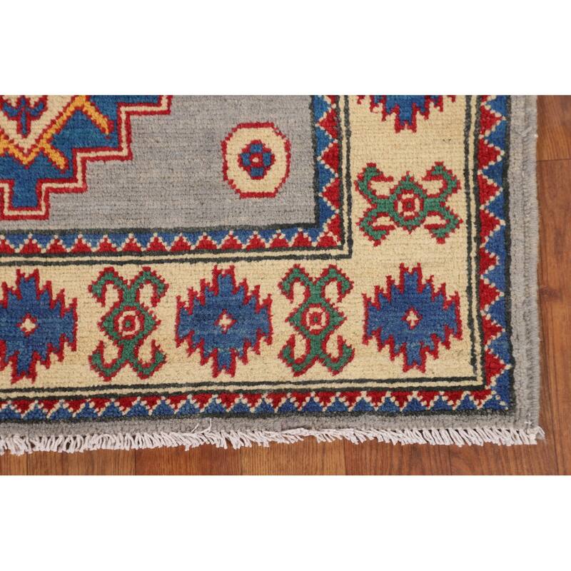 Gray Geometric Kazak Rug Handmade Foyer Wool Carpet - 2'9" x 4'1"