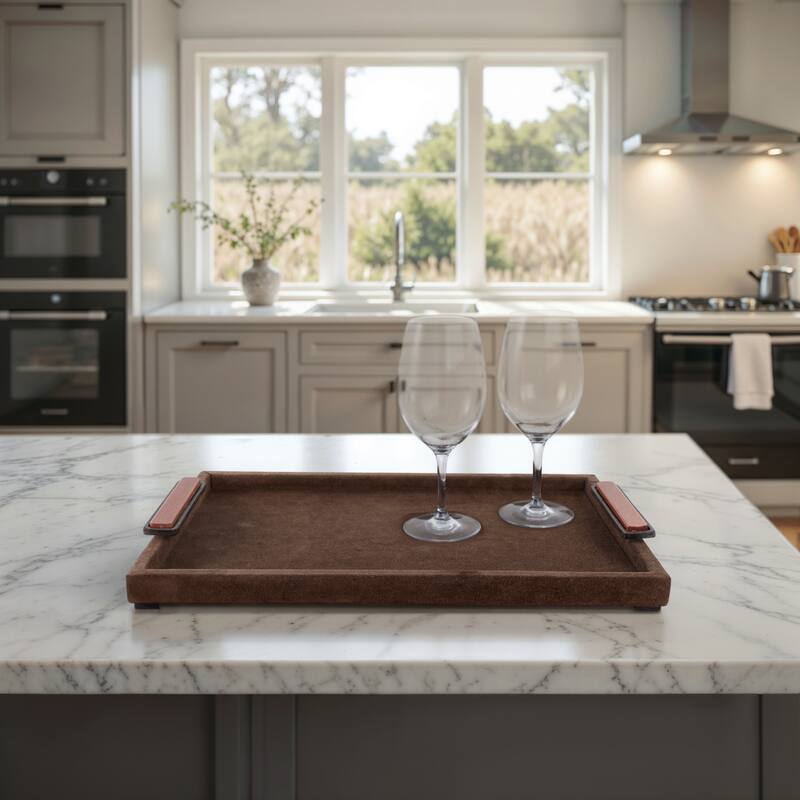 Wood Metal Modern Serving Tray with Handles Home Decor - 2" Brown - 19" x 12" x 2"