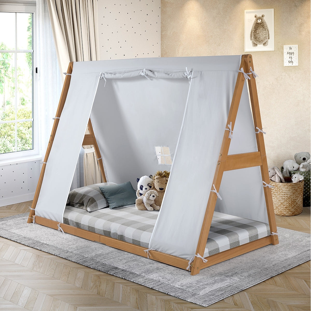 P kolino Teepee Tent Twin Bed Natural Frame Grey Tent