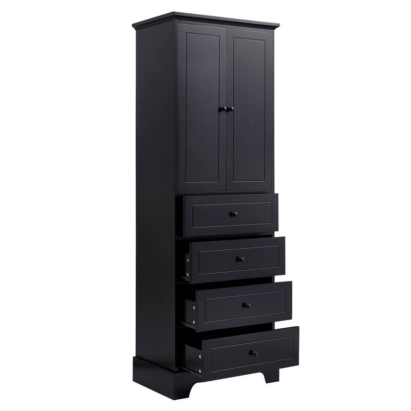 Retro Style Double Door Cabinet with 4 Storage Drawers, Round Metal Knobs and Adjustable Shelves for Bathroom Living Room Office