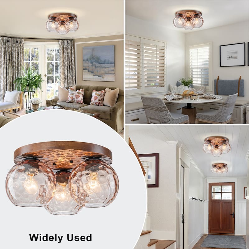 3-Light Rustic Wood Flush Mount Ceiling Light with Textured Amber Glass Shades - Dia.16.54-in