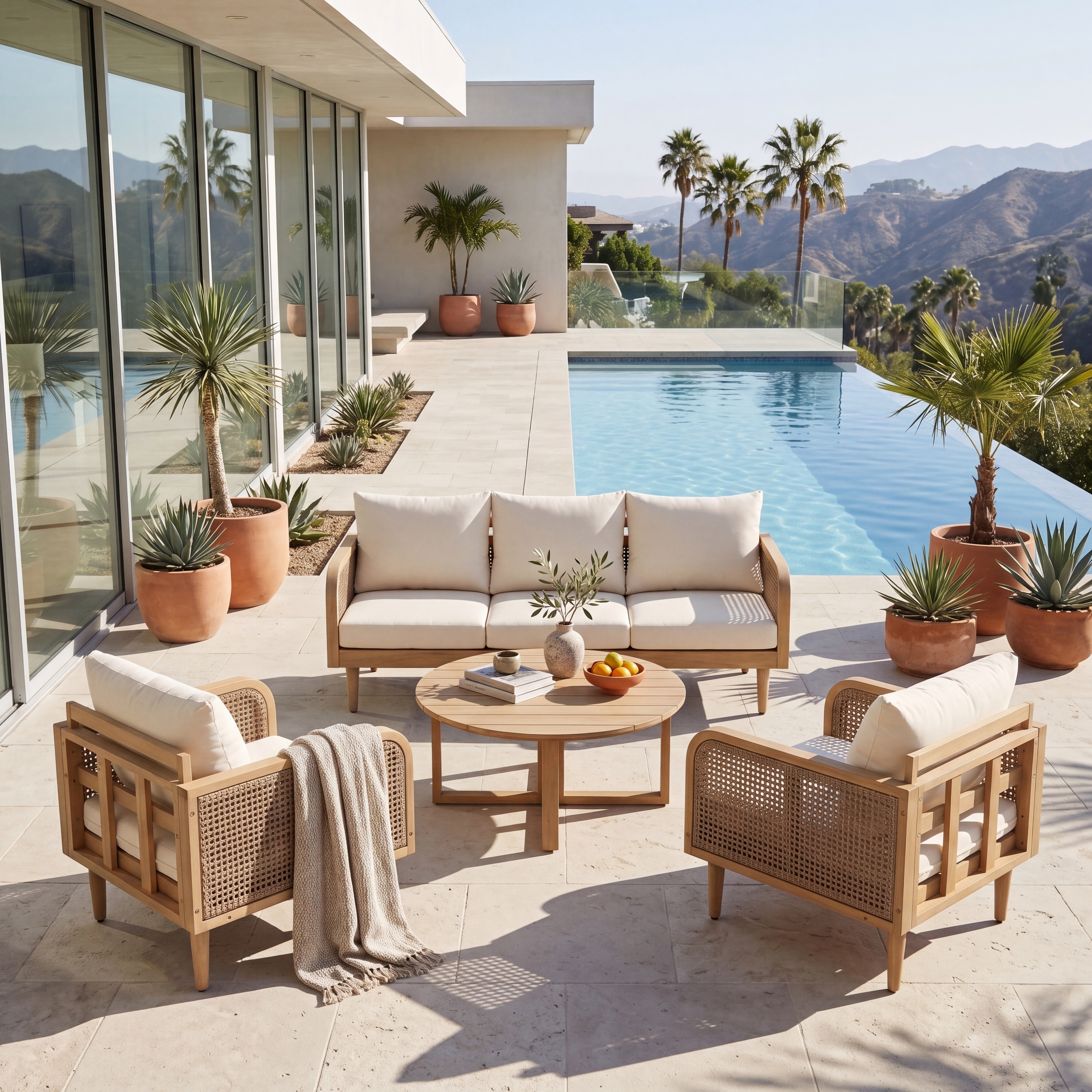 Christopher Knight Home - Outdoor 4-Piece Conversation Set Acacia Wood with Rattan Woven Armrests and Water-Resistant Cushions