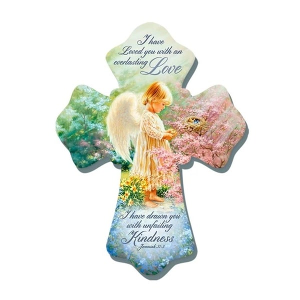 8" Green and Blue Everlasting Love Angel Biblical Quoted Wall Cross - N/A