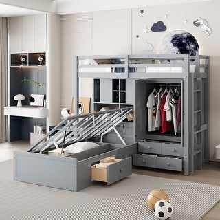 Twin Bunk Bed w/ Drawers, Wardrobe, Storage Shelves and Hydraulic Bed
