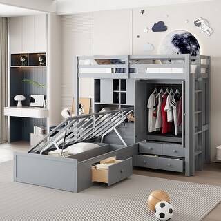 Twin Size MDF Bunk Bed with Drawers, Wardrobe, Shelves, Grey
