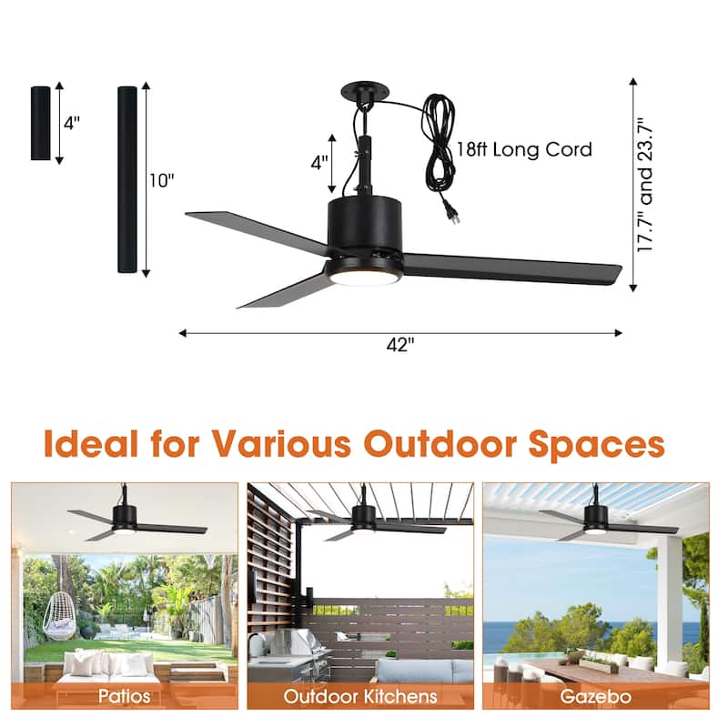42" Modern Black Waterproof Wet Outdoor Gazebo Ceiling Fan with Light and Hook
