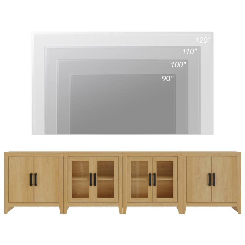 WAMPAT Farmhouse Buffet Cabinet with Glass Doors, 4-Piece Modular Sideboard with Adjustable Shelves
