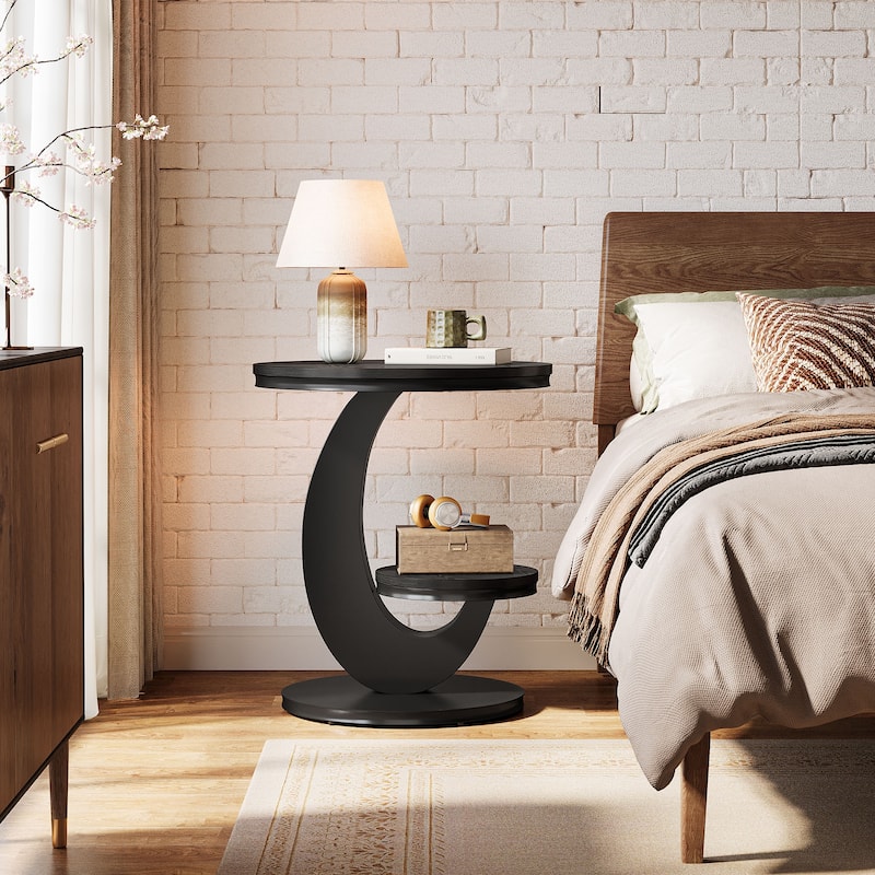 End Table with Storage Shelf, Wood Sofa Side Bedside Nightstand, Accent Snack Table for Living Room Bedroom