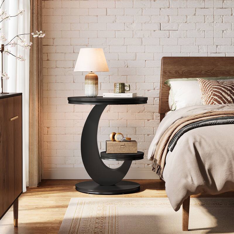 Round End Table, 2 Tiers Side Table with Storage Shelf