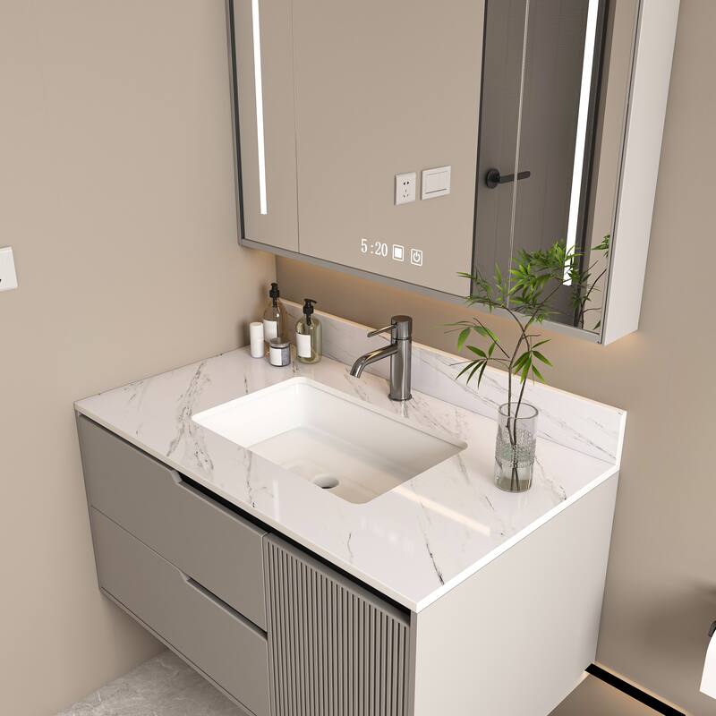 Roomfitters 37 Inch Vanity Top with Undermount Sink, Durable Sintered Stone Bathroom Countertop with Backsplash, White