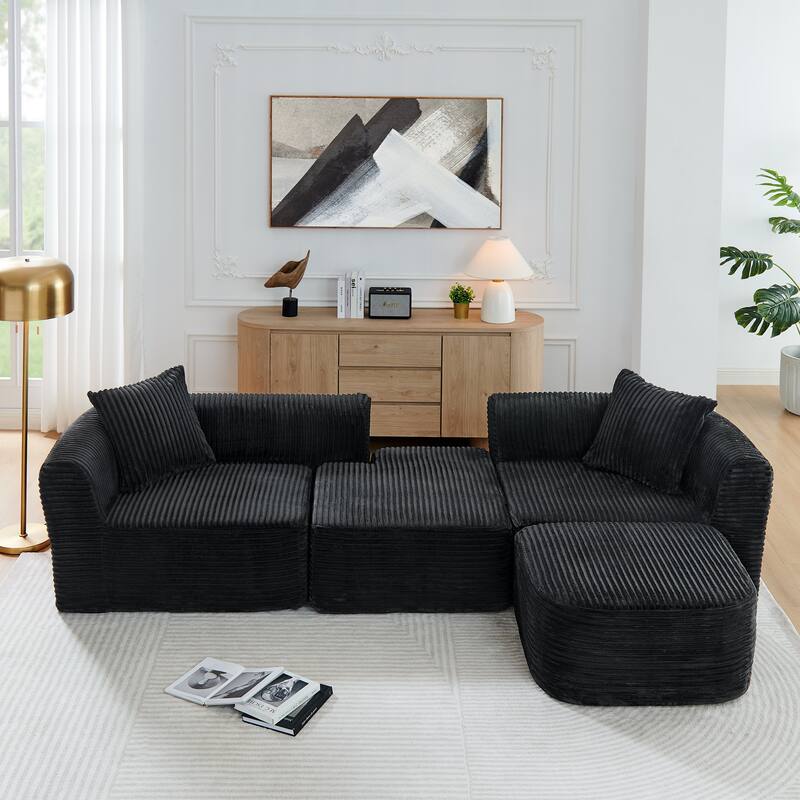 Corduroy Upholstered Couches L-shaped Sectional Sofa with Ottoman - Black