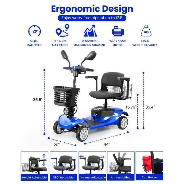 Folding Mobility Scooter for Adult, Powered Terrain Motorized Scooter Collapsible with 350W Motor, Ideal for Elderly