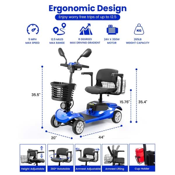 dimension image slide 2 of 3, Folding Portable Mobility Scooter，Long-Range Battery Motorized Scooter for Seniors - N/A