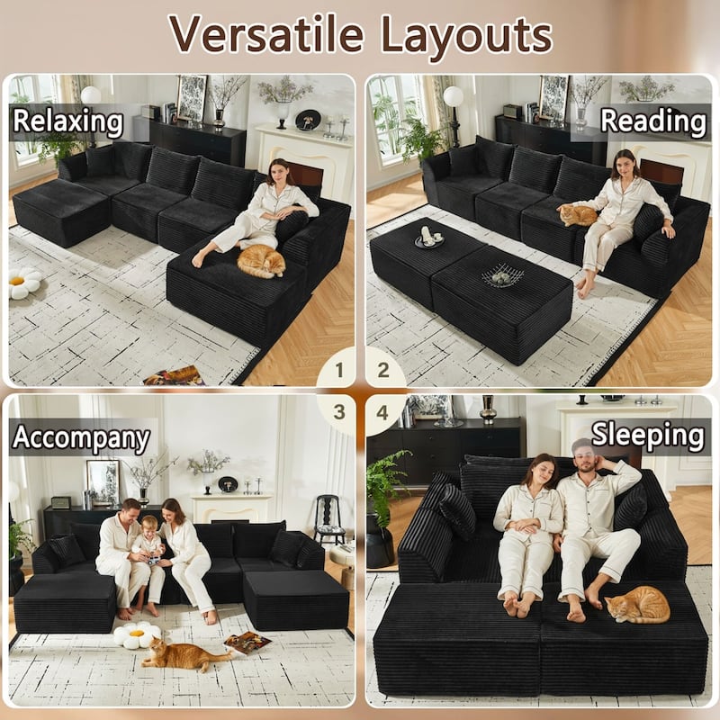 130" U-Shaped Corduroy Sectional Sofa with 2 Ottomans, No Assembly Required