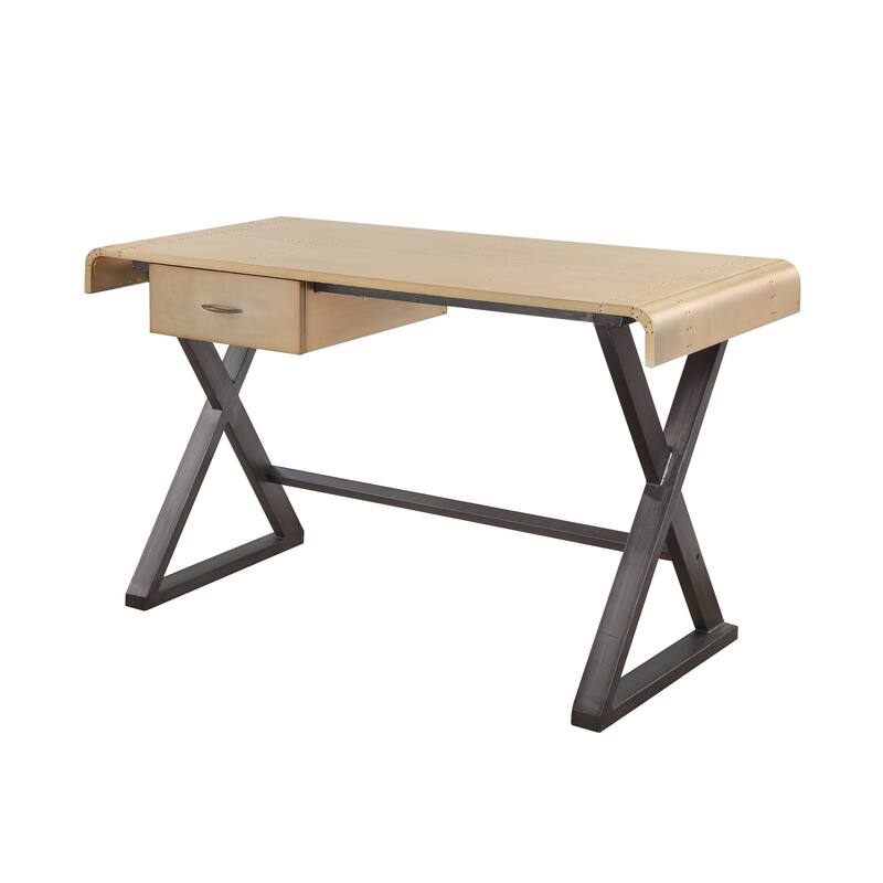 Modern Rectangular Writing Desk with Gold Aluminum Surface and Leather-Wrapped Legs for Stylish Office or Study Workspace
