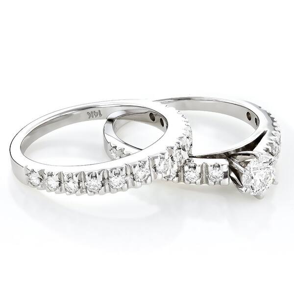 slide 1 of 5, Designer Bridal Set Round Diamond Engagement Ring and Wedding Band 1.25ctw in 14k Gold by Luxurman