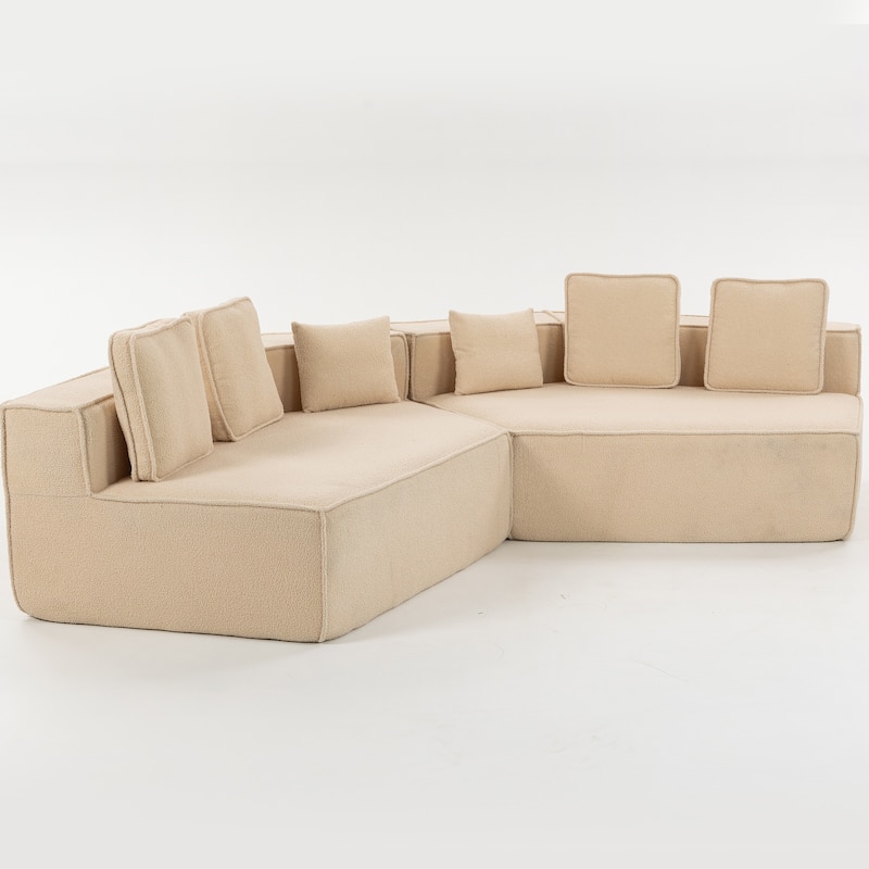 132"Oversized Teddy Fabric Modular Sectional Sofa,Full-Foam Cushion Design with Ultra Soft Feel with Six Cushions