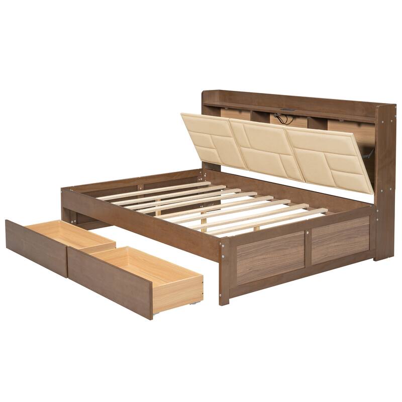 Full Size Wood Daybed with Upholstered Headboard, USB & Drawers