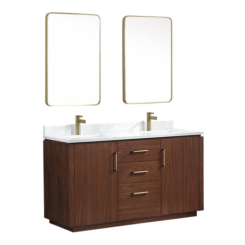 San Double Bath Vanity with Composite Stone Top and Mirror - 60in. - Natural Walnut
