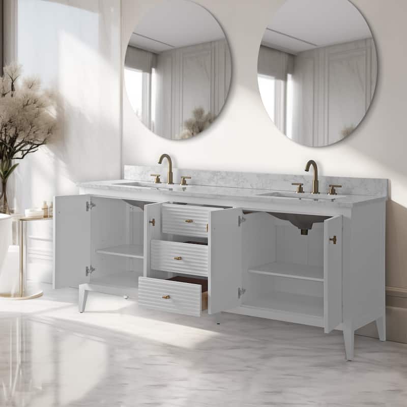 Vanity Art 72" Double Sink Bathroom Vanity Cabinet with Engineered Marble Top - 72"/Golden Brushed Handle - Linear White