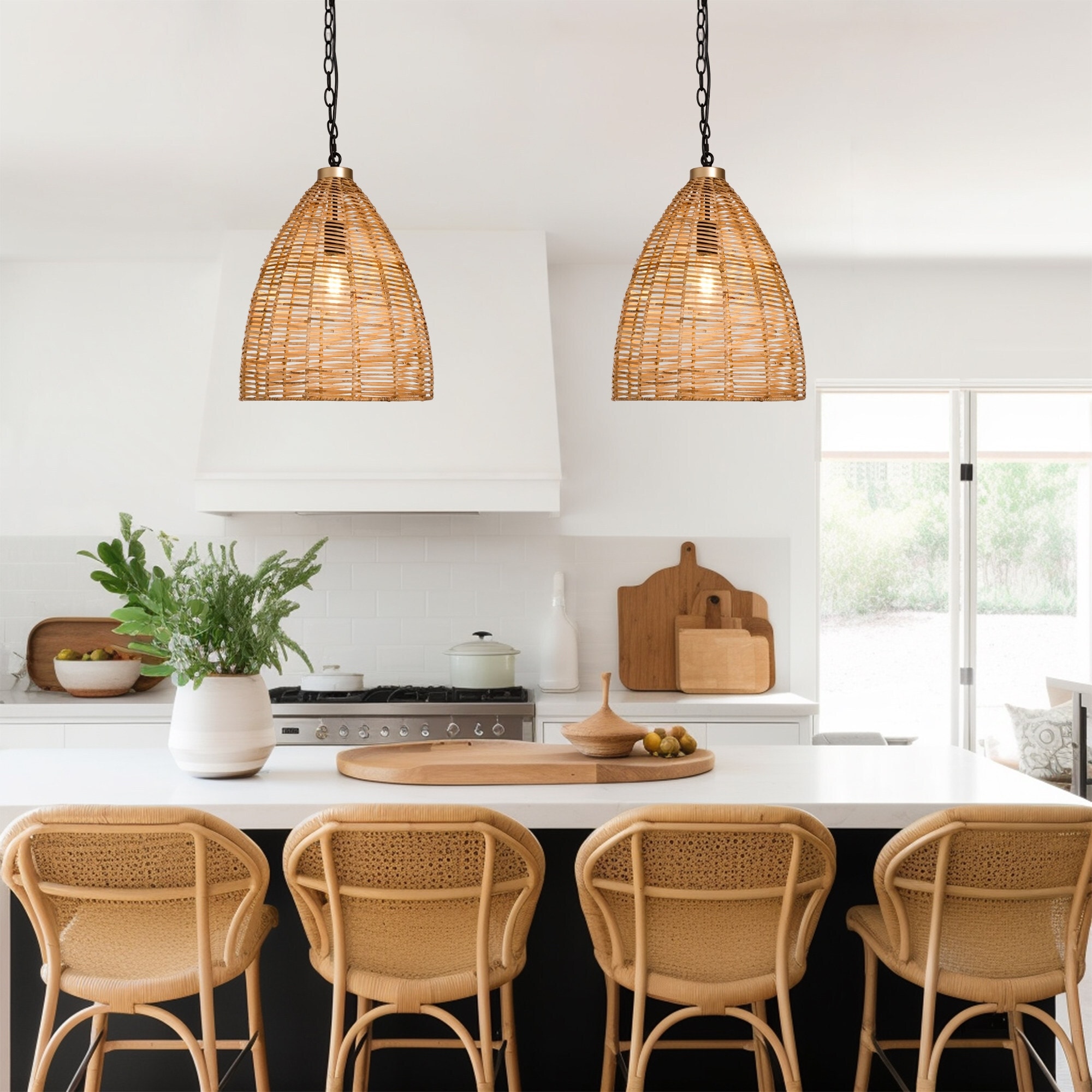 LALUZ Farmhouse 1-Light Rattan Pendant Coastal Kitchen island Light for Dining Room Foyer Porch - Dia. 14.17" x H 16.5"