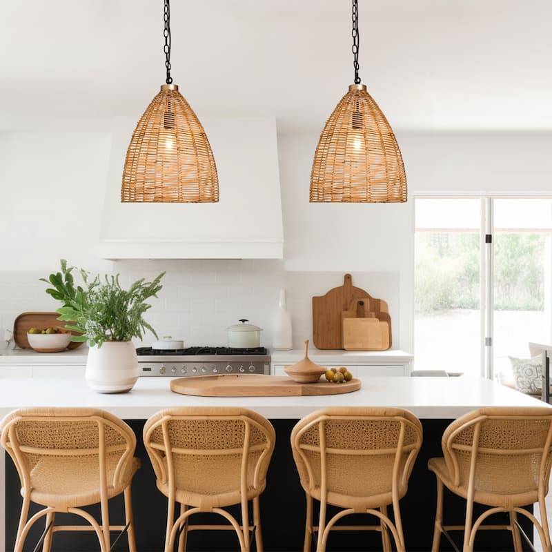 Ravy Farmhouse Large 1-Light Rattan Pendant Natural Cone Island Lights for Dining Room - D 14.17" x H 77.5" MAX