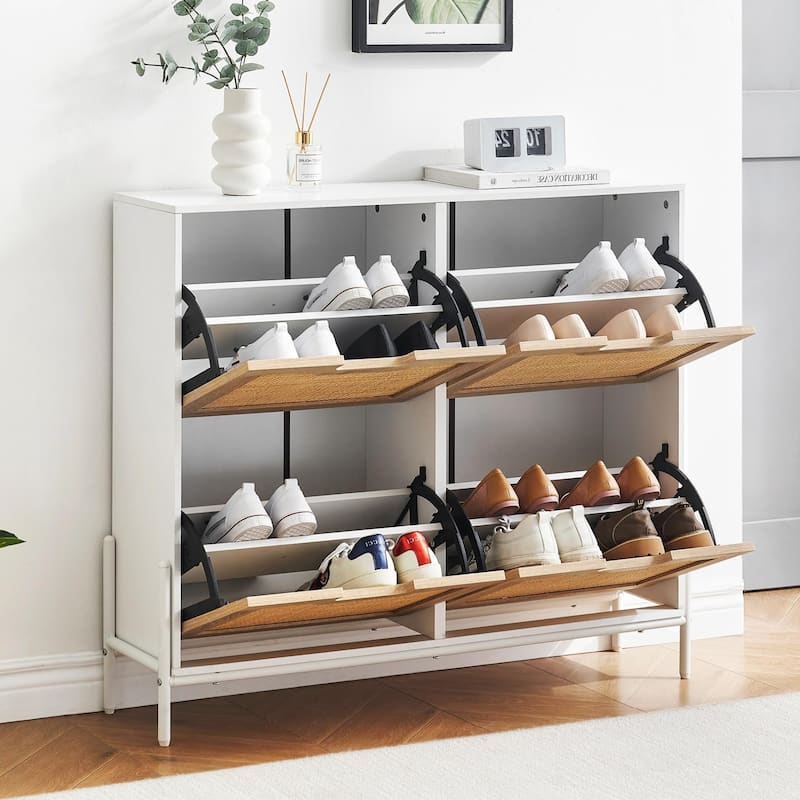 Natural Rattan 4 Flip Door Shoe Cabinet Organizer Freestanding, Modern Shoe Rack Storage Organizer - 39.4x9.4x34.6in