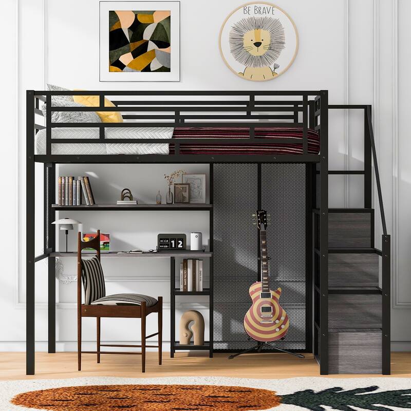 Black Full Size Metal Loft Bed with Wardrobe, Desk, and Storage Shelves