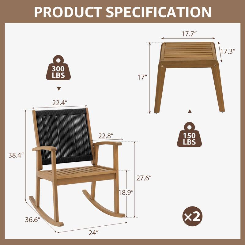 Outdoor Acacia Wood Rocking Chair Set with Side Table
