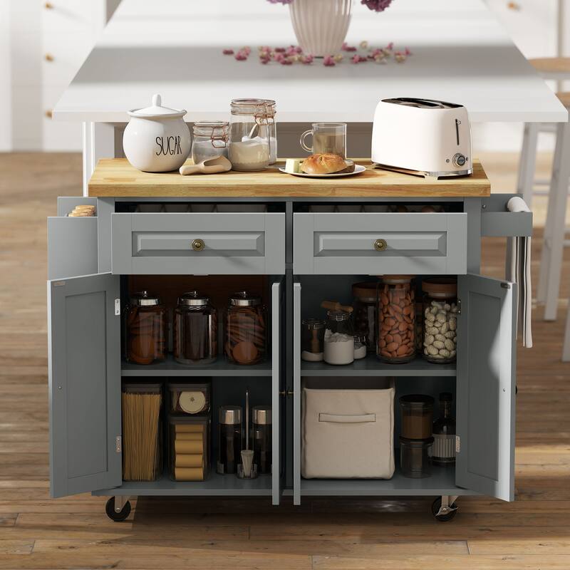Rubberwood Top Rolling Kitchen Cart with Two Drawers and Spice Organizer Locking Wheels - 43.75" W x 17.5" D x 32.5" H