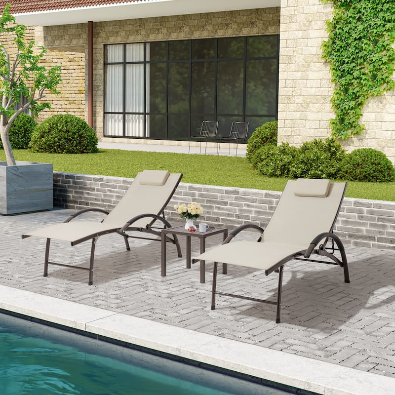 3-piece Outdoor Adjustable Aluminum Reclining Chaise Lounge Chairs with Wheels and Side Table Set