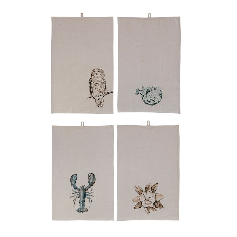 Cotton and Linen Decorative Tea Towel with Nature Prints - 28.0"L x 18.0"W x 0.1"H - Set of 4 - 28.0"L x 18.0"W x 0.1"H - Cream