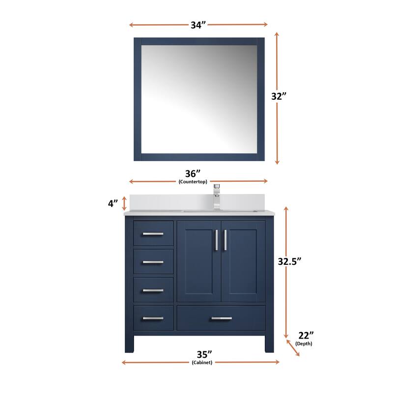 Jacques 36 in. W x 22 in. D Right Offset White Bath Vanity, Cultured Marble Top, Faucet Set, and 34 in. Mirror