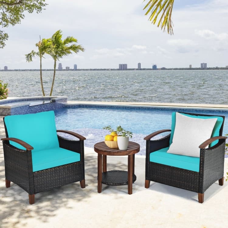3-Piece Patio Rattan Furniture Set with Solid Wood Frame