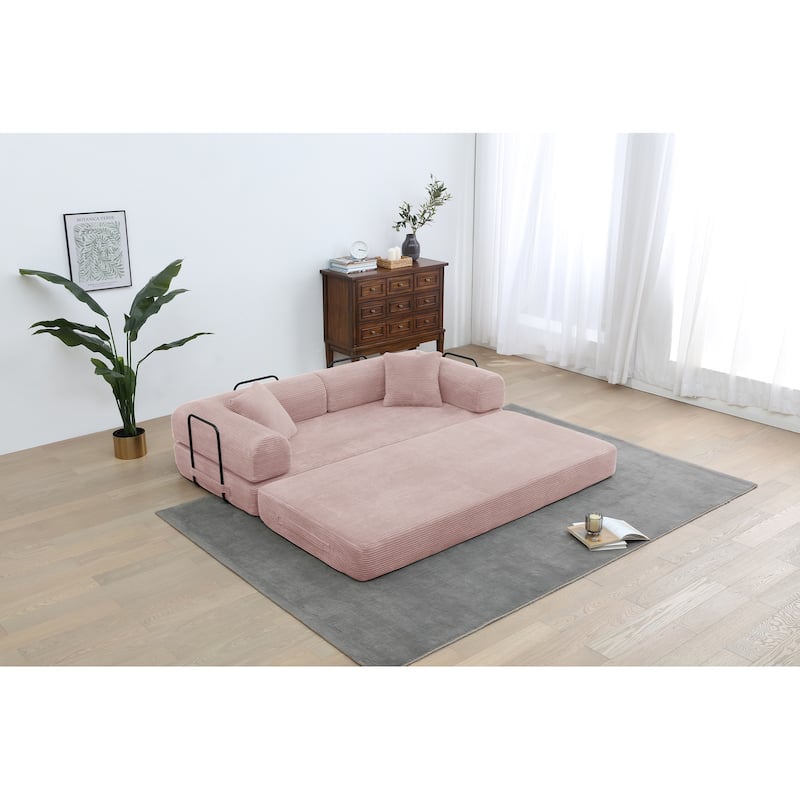 Convertible Sleeper Sofa Bed Corduroy Folding with Cylindrical Pillow Living Room