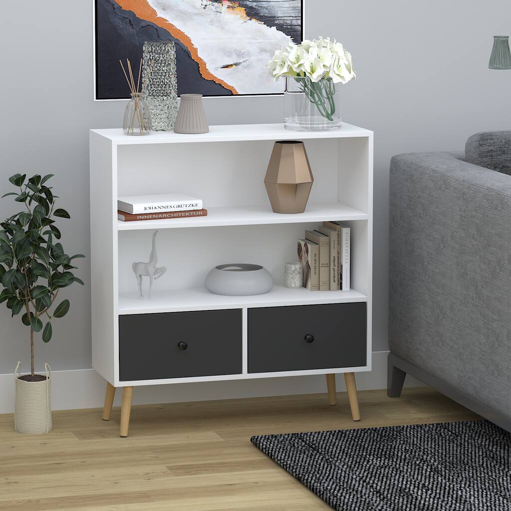 Timechee Buffet Sideboard Credenza with 2 Drawers 2-Tier Shelf, White - 31.4"W x 7.2"D x 36.2"H