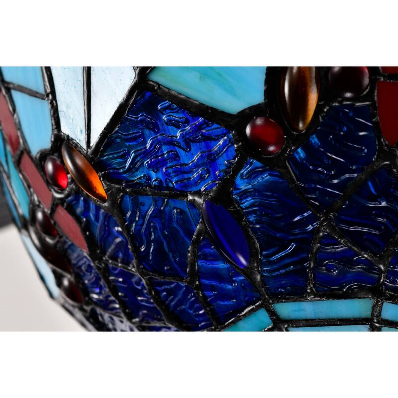 Pluvey 52-Inch Flushmount Lighted Ceiling Fan Blue Red Draginfly Tiffany Glass Lamp Black Finish