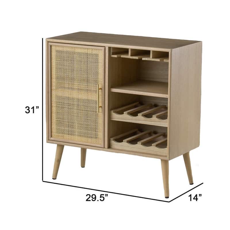 Wood Wine Cabinet, 2 Shelves, 11 Racks, Rattan Door - 31 H x 14 W x 29.5 L Inches