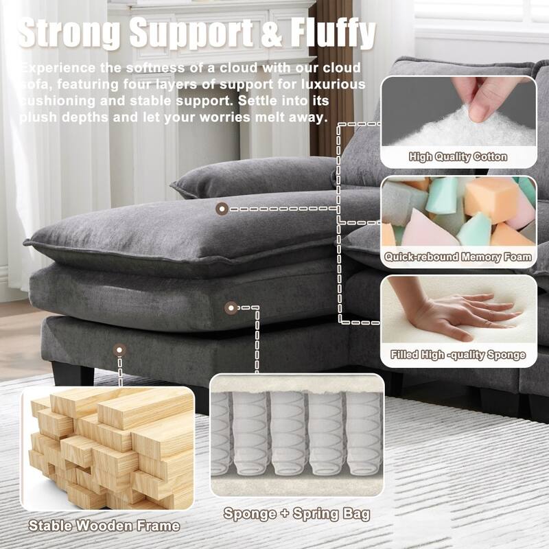 107.87" Modular Chenille Comfy Sectional Cloud Sofa with Double Chaise