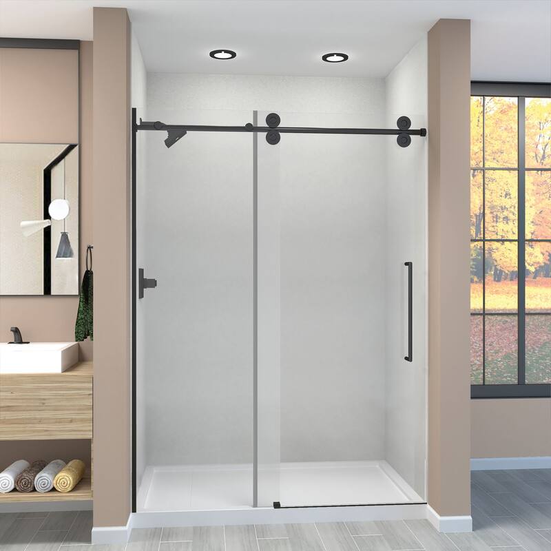 Teegan Plus 59 in. W x 80 in. H Sliding Door with Fixed Panel Semi-Frameless Shower Door with Clear Glass