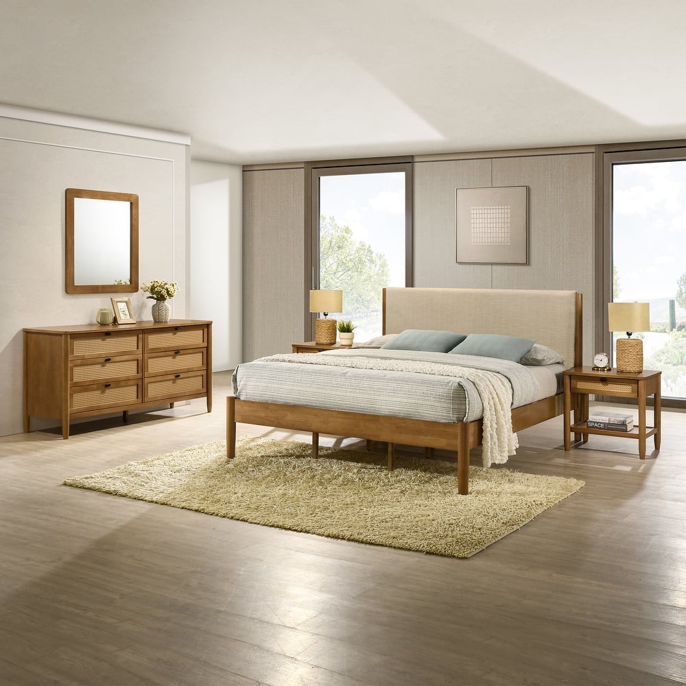 Roundhill Furniture Vichy 5-Piece Rattan Bedroom Set with Upholstered Bed, Chest, Dresser, Mirror, and 2 Nightstands