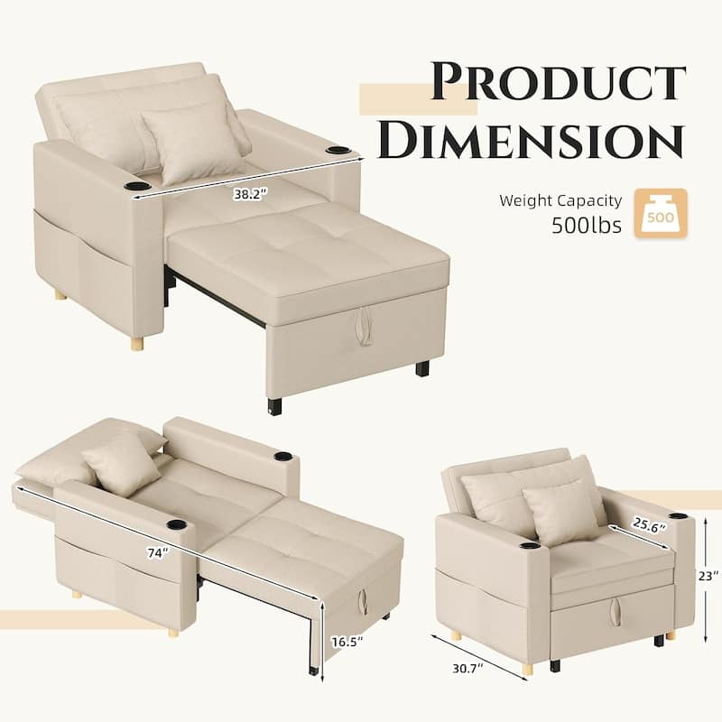 AECOJOY Sleeper Chair Extra Wide Convertible Chair Bed 3-in-1 Pull Out Single Sofa