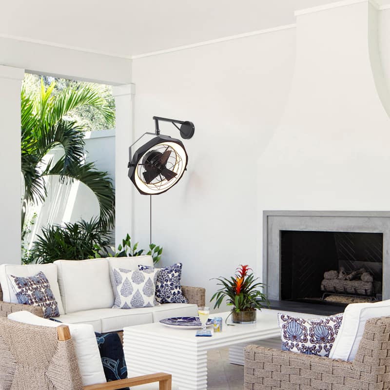20" Industrial Black Integrated LED Caged Ceiling Fan Wall Mounted Fan with Light