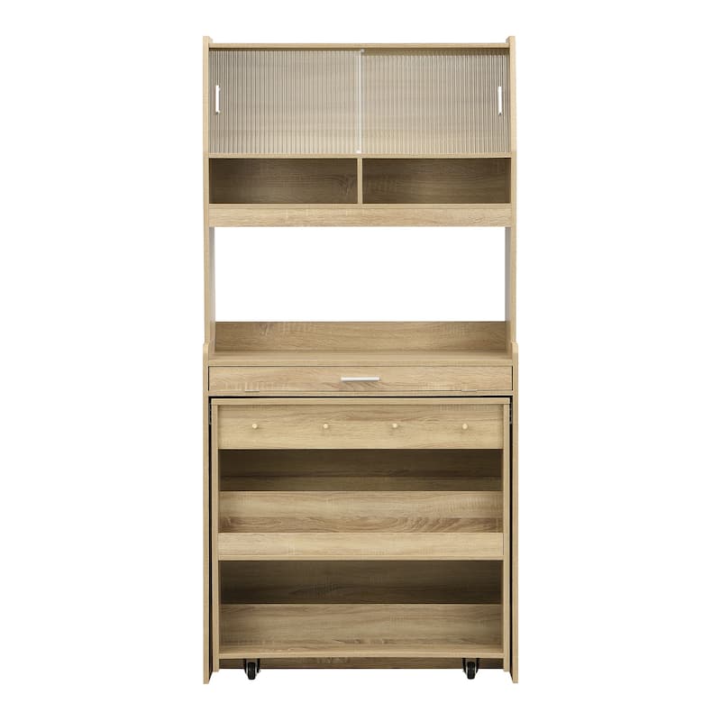 Multifunctional Buffet Hutch and Foldable Dining Table with Storage Unit and Rolling Wheels for Small Spaces