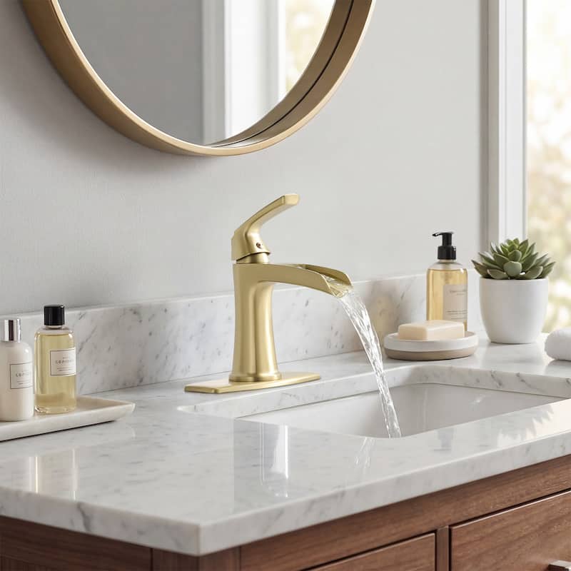Single hole 1-handle Waterfall Handle Bathroom Sink Faucet with Drain with Deck Plate - Gold